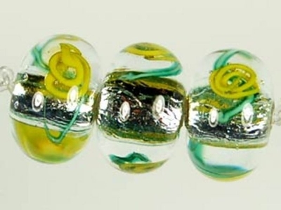 Czech Handmade Lampwork rondell 12 x 8mm silver foil with yellow flowers | Czech Handmade Lampwork