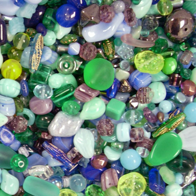 Lagoon Czech Pressed Glass Bead Mix - Blue, Green, Yellow and Purple - Assorted Sizes, Shapes and Colors