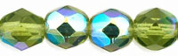 Image Czech Pressed Glass 6mm faceted round Olivine AB  transparent iridescent